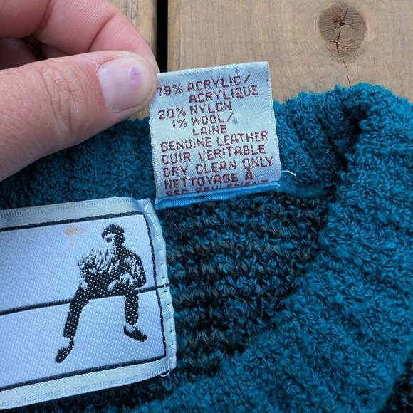 Vintage 80s Nino Foriero by Randy River Teal Geometric Leather Trim Sweater L - Picture 3 of 9